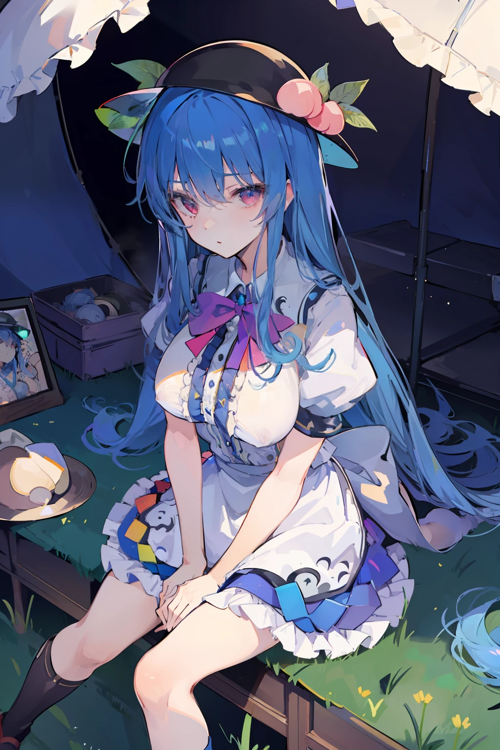 (masterpiece),best quality, expressive eyes, perfect face,w sitting, w sitting on ground, legs on ground, 1girl,
big breast, H-cup, good breast, hands on waist,beautiful, gorgeous,anime,girl,lora,hinanawi tenshi, blue hair, blue haired,tent boobs, tent chest, tent breast, floating clothes