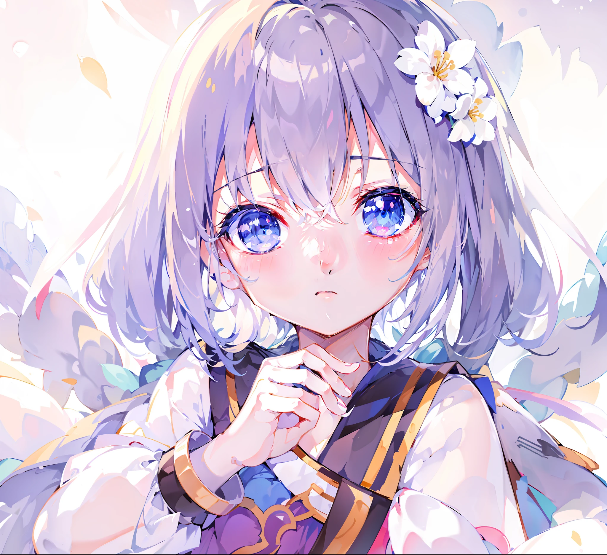 Anime girl with blue eyes and white dress and flowers on hair, anime moe art style, anime visual of a cute girl, style of anime4 K, Cute anime girl, Best anime 4K Konachan wallpapers,  Splash art anime Loli, Anime! 4K, Smooth anime CG art, Anime! 4 k''