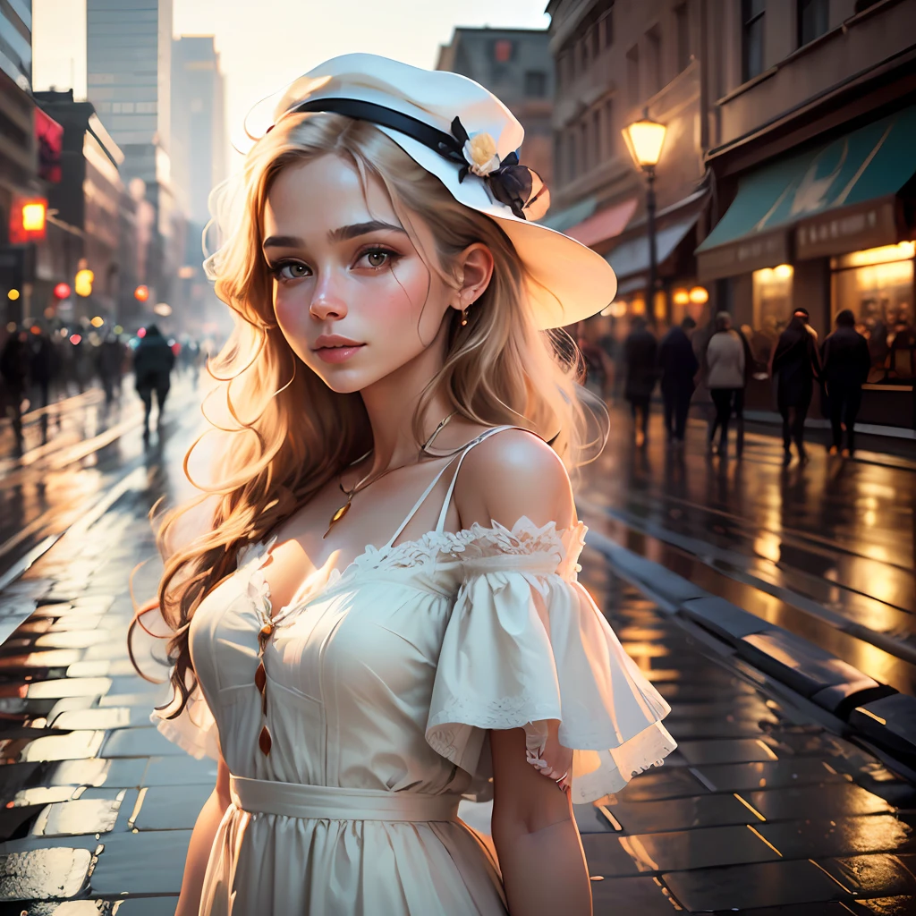 (best quality, masterpiece, realistic:1.3), (detailed), a woman in a white dress and woman's hat standing in front of a wet street, portrait of very beautiful girl , (looking at the viewer:1.1), long blond hair, loving smile, cityscape, the golden hour, elegant decollate, photo of a beautiful, on the streets, (camera field of depth:1.3),(left side of composition:1.3), insanely detailed, enhanced hd, Sony a7III, style of ivan shishk, 16k, UHD, HDR,(Masterpiece:1.5),(best quality:1.5) --auto --s2