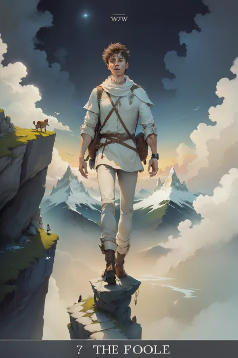 text "le fou" . a young man stands on the edge of a cliff, without a care in the world, as he sets out on a new adventure. he is...