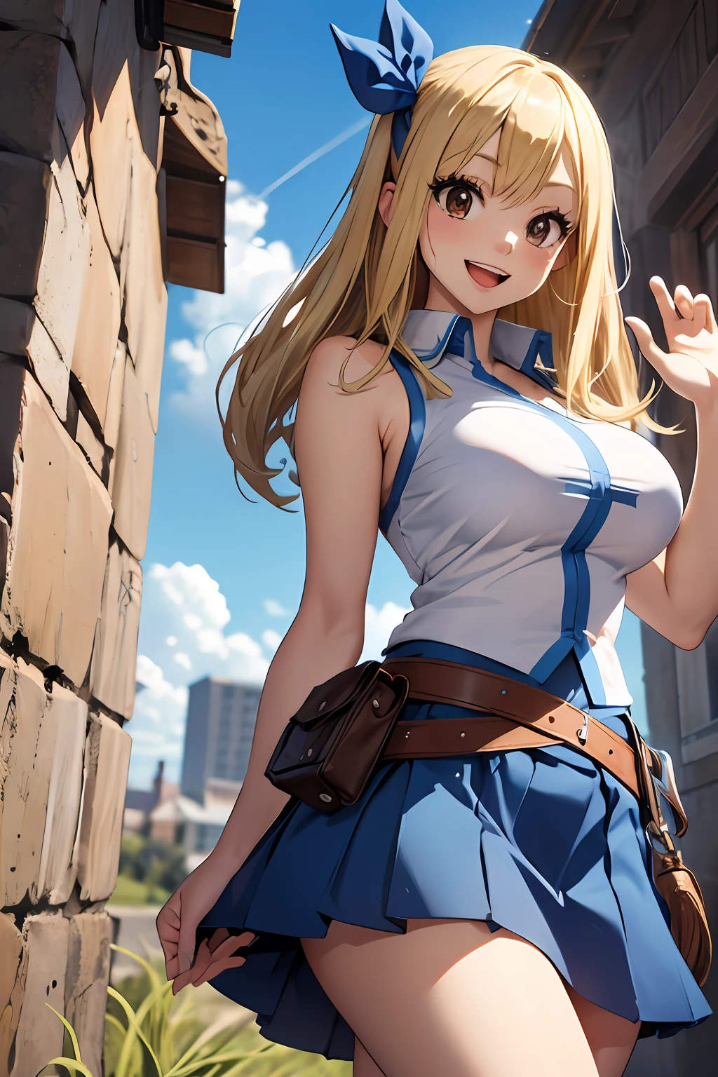 masterpiece, best quality, highres, lucy heartfilia, blonde hair, long hair, large breasts, white shirt, sleeveless, belt, blue skirt, cowboy shot, standing, looking at viewer, outdoors, waving, smile, open mouth,