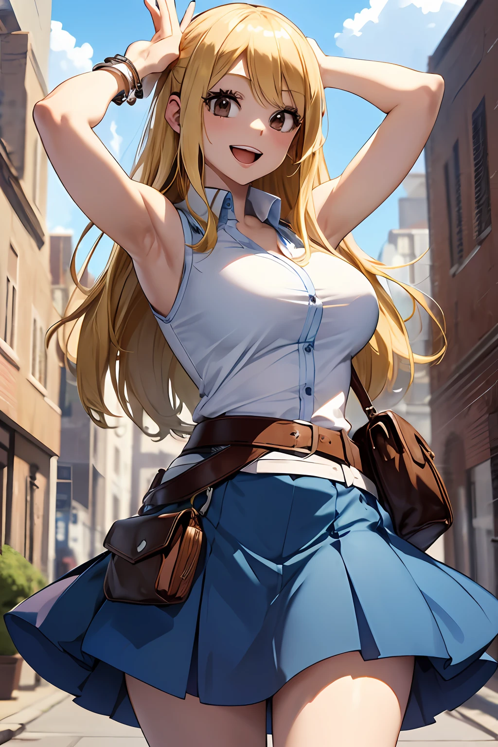 masterpiece, best quality, highres, lucy heartfilia, blonde hair, long hair, large breasts, white shirt, sleeveless, belt, blue skirt, cowboy shot, standing, looking at viewer, outdoors, waving, smile, open mouth,