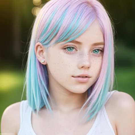 photo of beautiful age 18 girl, pastel hair, freckles sexy, beautiful, close up, young, dslr, 8k, 4k, ultrarealistic, realistic,...
