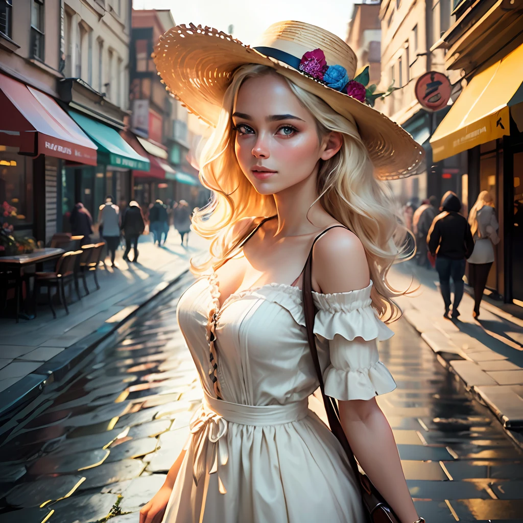 (best quality, masterpiece, realistic:1.3), (detailed), a woman in a white dress and woman's hat standing in front of a wet street, portrait of very beautiful girl , (looking at the viewer:1.1), long blond hair, loving smile, cityscape, the golden hour, elegant decollate, photo of a beautiful, on the streets, (camera field of depth:1.3),(left side of composition:1.3), insanely detailed, enhanced hd, Sony a7III, style of ivan shishk, 16k, UHD, HDR,(Masterpiece:1.5),(best quality:1.5) --auto --s2