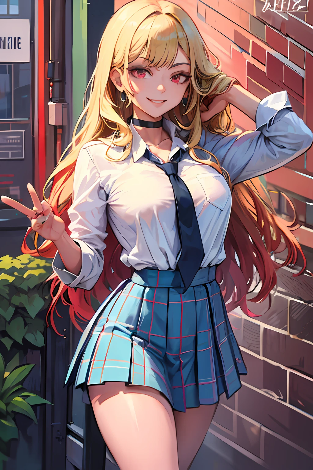 masterpiece, best quality, highres, kitagawa marin, 1girl, blonde hair, long hair, multicolored hair, red eyes, jewelry, earrings, piercing, school uniform, white shirt, tied shirt, black choker, blue necktie, plaid skirt, grin, smile, standing, cowboy shot, outdoors,