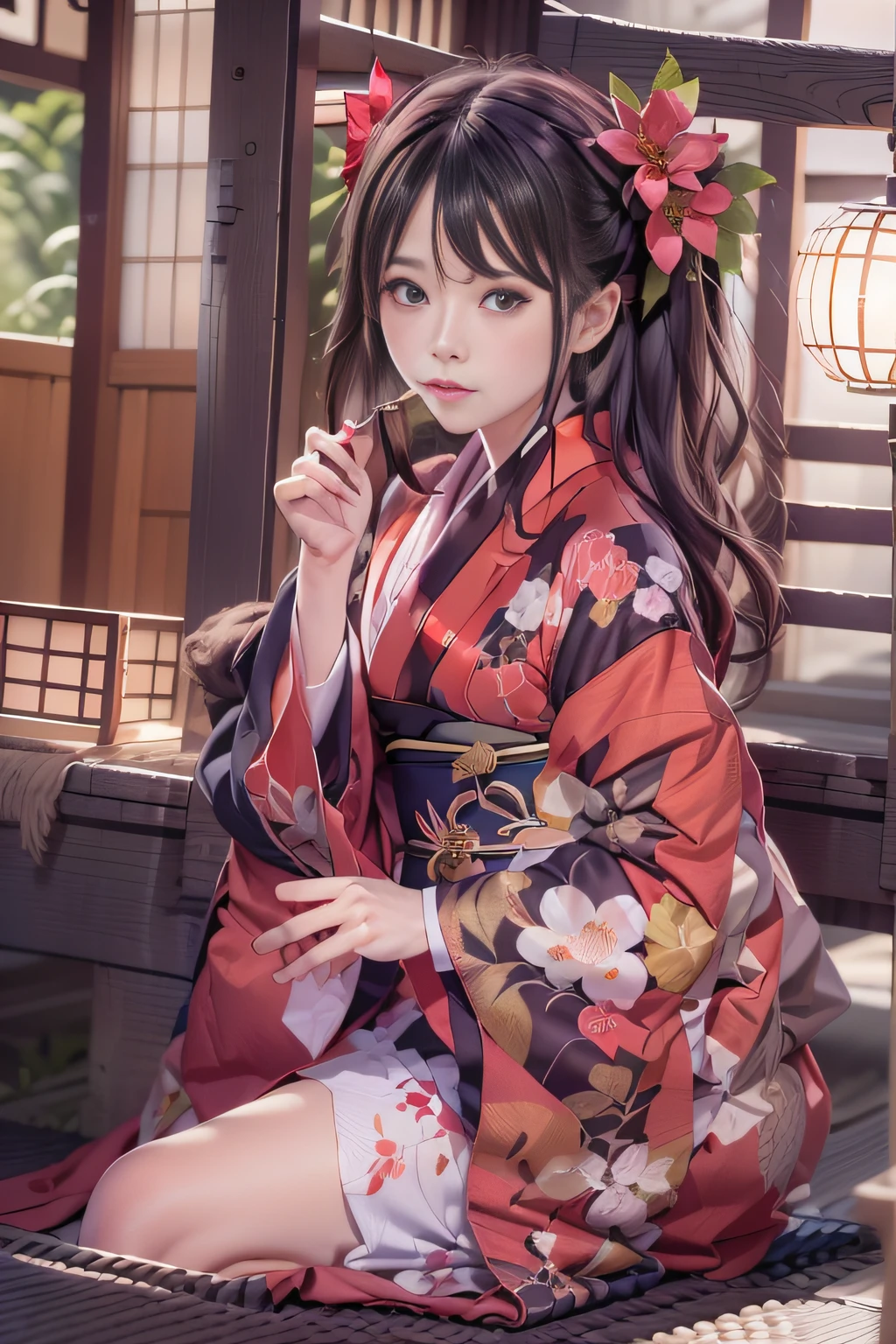 Alafi in kimono sitting on a bench at the festival venue,Snapshots, Holding a smoke pipe in your right hand,Red amaryllis hairpin dense on the head,traditional japanese, in a kimono, Red kimono, japanese kimono, Red kimono with cherry blossom pattern, Wearing kimono, A Japanese style, A Japanese Lady, Wearing a kimono, classy yukata clothing, bath robe,Street,Under the streetlight,Streetlight, Black Long Hair, in a kimono, Komono, Japanese Models, wearing royal kimono, ,Thin leg,skinny thigh,goddess of Japan,Small breasts glasses,