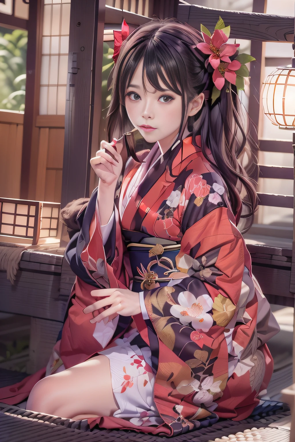 Alafi im Kimono sitzt auf einer Bank auf dem Festivalgelände,Schnappschüsse, Eine Rauchpfeife in der rechten Hand haltend,Rote Amaryllis Haarnadel dicht auf dem Kopf,traditionell japanisch, im Kimono, Roter Kimono, japanischer Kimono, Roter Kimono with cherry blossom pattern, Kimono tragen, Ein japanischer Stil, Eine japanische Dame, einen Kimono tragen, edle Yukata-Kleidung, Bademantel,Straße,Unter der Straßenlaterne,Straßelight, schwarze lange Haare, im Kimono, gemeinsam, Japanische Modelle, einen königlichen Kimono tragen, ,Dünnes Bein,dünne Oberschenkel,Göttin Japans,Kleine Brüste Brille,