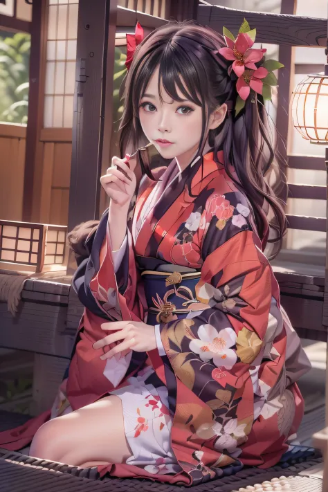 alafi in kimono sitting on a bench at the festival venue,snapshots, holding a smoke pipe in your right hand,red amaryllis hairpi...