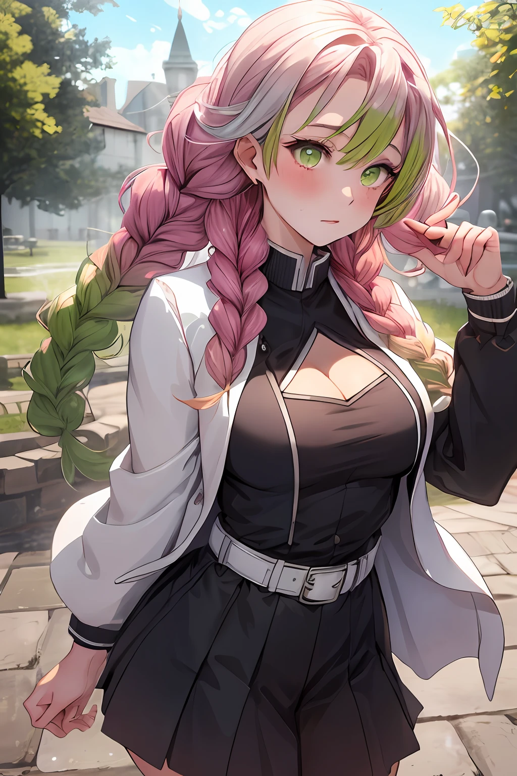 beautiful, (best quality, masterpiece, super detailed: 1.5), perfect lighting, shiny, hires, nature, cobblestone, steam, blue sky, in the distance, whole body, face focus, 1girl, Mitsuri (demon slayer), beautiful girl, beautiful face ((Mitsuri (demon slayer))), a girl with long green-pink gradient hair and green eyes in a long-sleeved jacket with a neckline, white haori, a black skirt with a silver belt and green striped hips,   pink hair, green hair, gradient hair, multicolored hair, long hair, bangs, double braids, green eyes, demon slayer uniform, long sleeve jacket, white haori, black skirt, silver belt, green striped thighs, blush, sweat, realistic, chest, wide hips, (thick barbells: 0.9), décolleté, standing, hands behind your back, viewer look, erotica