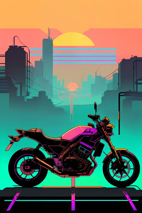 (nvinkpunk:1.2) snthwve style motorcyle, lightwave, sunset, intricate, highly detailed