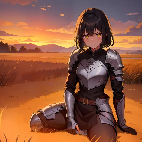 1.a  girl, 独奏,  dirty knightly armor, short hair hair, black, long bangs, yellow eyes, bandage on the right eye, wheat field, ev...