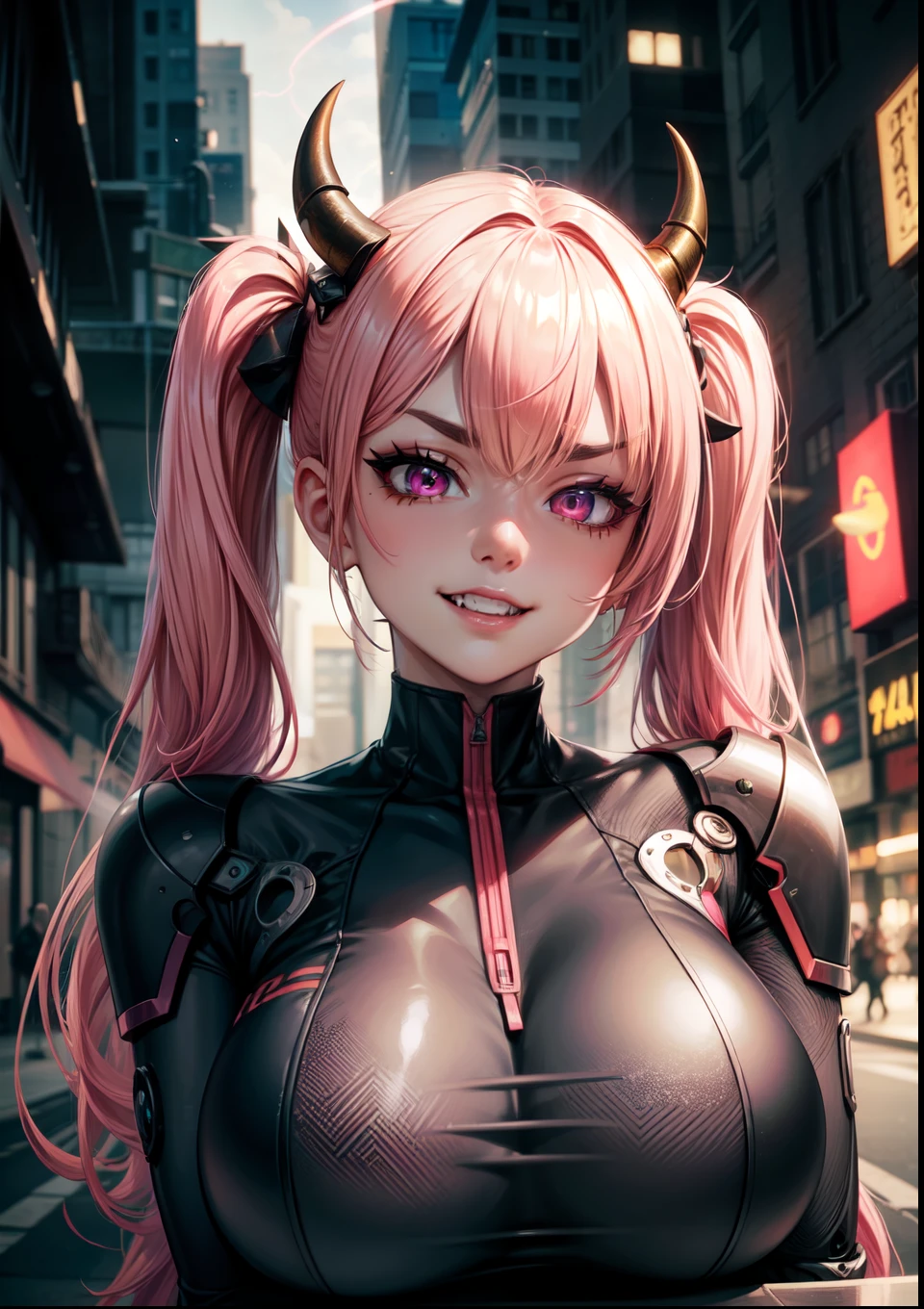 4k, twin tails ,Lens flare, pink hair ,mascara, eyeliner, god rays, 4k, 8k, best quality, masterpiece, hyper detailed, intricate detail, 1girl, solo, detailed, Detailed fuschia hair ++, detailed pink eyes ++,  raytracing, perfect shadow, highres, enhanced eyes,  huge breasts, horns,   evil grin, narrow eyebrows, seductive, fangs, hyper detailed, interesting background, , detailed face, detailed clothing. volumptuous, colourful background, futuristic setting, ai, cyberwear, robot, in the city