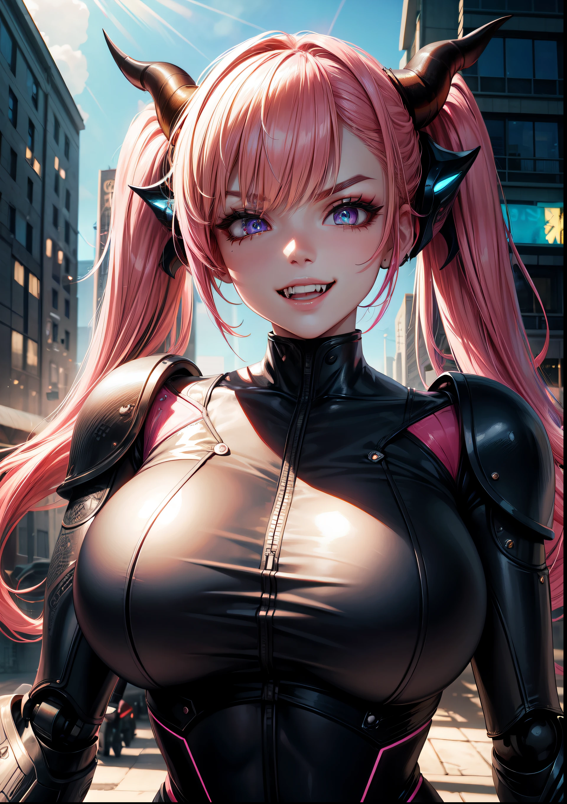 4k, twin tAIls ,destello de lente, pink hAIr ,máscara, Delineador de ojos, rayos de Dios, 4k, 8k, mejor calidad, Obra maestra, hyper detAIled, intricate detAIl, 1 chica, solo, detAIled, DetAIled fuschia hAIr ++, detAIled pink eyes ++,  trazado de rayos, sombra perfecta, alta resolución, ojos mejorados,  pechos enormes, cuernos,   sonrisa malvada, cejas estrechas, seductor, colmillos, hyper detAIled, antecedentes interesantes, , detAIled face, detAIled clothing. voluminoso, fondo colorido, entorno futurista, AI, Ciberdesgaste, robot, en la ciudad