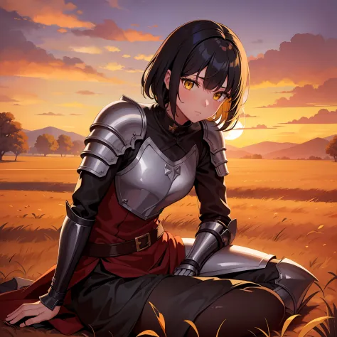 1.A  girl, 独奏,  Dirty knightly armor, Short Hair Hair, black, Long bangs, Yellow eyes, Blindfold on the right eye, Wheat field, ...