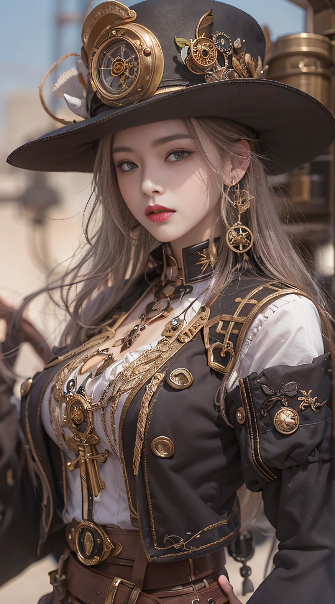 Senhora de Alafed – traje steampunk e pose de chapéu para foto, steampunk linda mulher anime, por Yang J, guweiz no artstation pixiv, Arte impressionante de personagens, cushart krenz arte chave feminino, Roupa de fantasia, guweiz no pixiv artstation, panela chengwei na estação de arte, estilo de WLOP