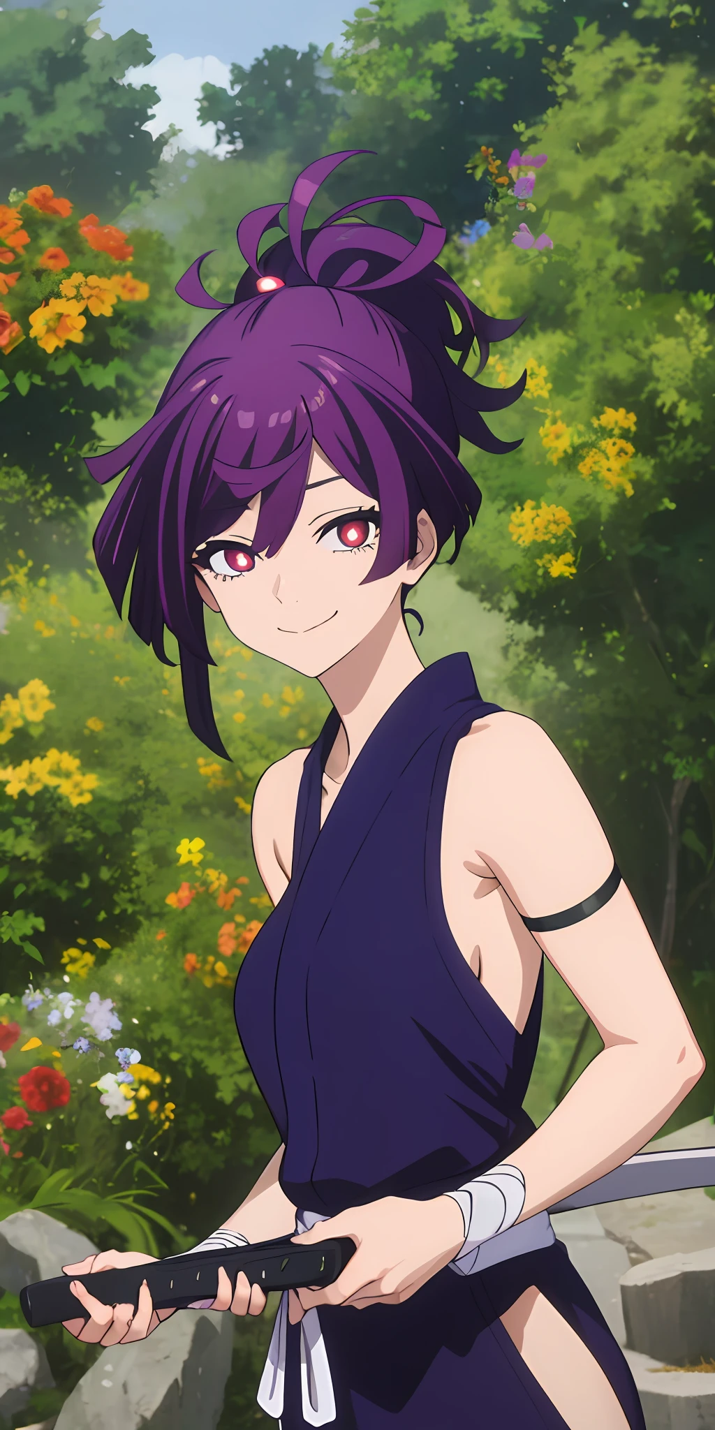 dynamic angle,ultra-detailed, illustration, close-up, straight on, best quality, masterpiece, topknot, medium hair, breasts apart, seductive smile, pants, anime, character, beta, yuzuriha, jigokuraku, kizuki, yuzuriha_(jigokuraku), purple hair, brown eyes, ninja, top knot, dress, perfect, [[delicate fingers and hands:0.55]::0.85],(detail fingers),(glowing eyes:1.233),(beautiful and detailed eyes:1.1),