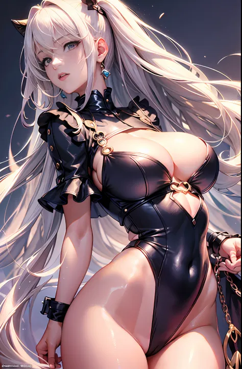 Master anime works，An impeccable masterpiece，A mature noblewoman in a cool and sexy outfit stands against a plain white background，Female boss，Flowing silver hair，Full-body standing，Slender legs，gigantic cleavage breasts，Straight breasts，Detailed facial de...