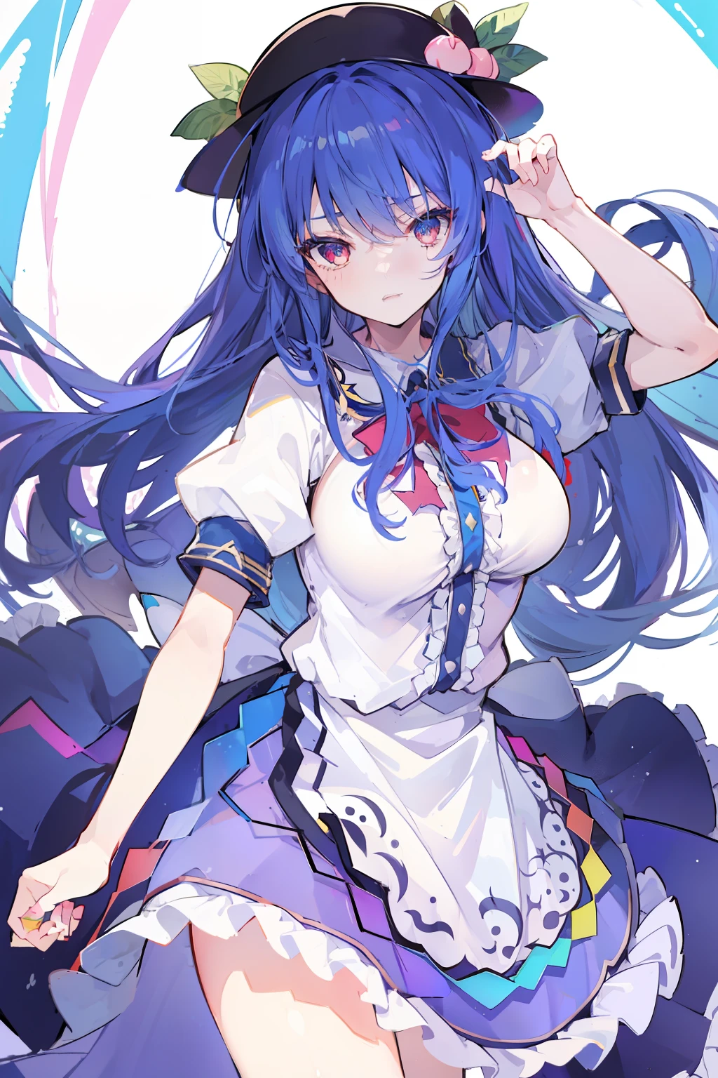 (masterpiece),best quality, expressive eyes, perfect face, 1girl,
big breast, H-cup, good breast, hands on waist,beautiful, gorgeous,anime,girl,lora,hinanawi tenshi, blue hair, blue haired,tent , tent chest, tent breast, floating clothes,waist grab, grabbing waist