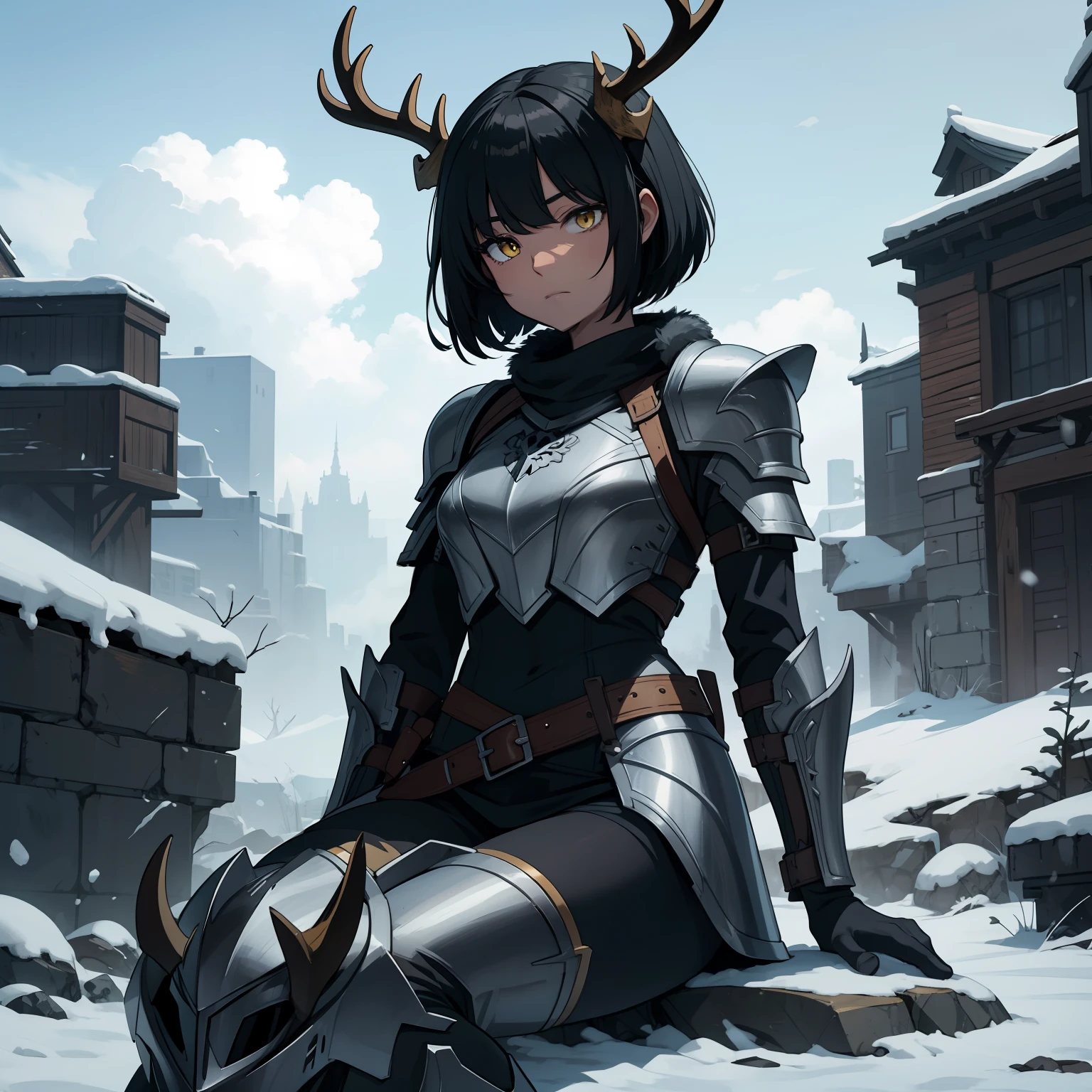 a 1girl, solo, Knight's armor, half-mask skull with deer antlers, Tired look, yellow eyes, bags under eyes, sitting on a stone, Broken armor, Short Hair Hair, Long bangs, Black hair, dark-skin, gloves, winter, grey sky, clouds, Falling snow, grey sky, Dim white sun, Knight's helmet on the ground.