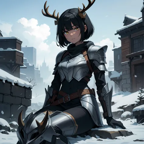 a 1girl, 独奏, Knight's armor, half-mask skull with deer antlers, Tired look, yellow eyes, bags under eyes, sitting on a stone, Br...