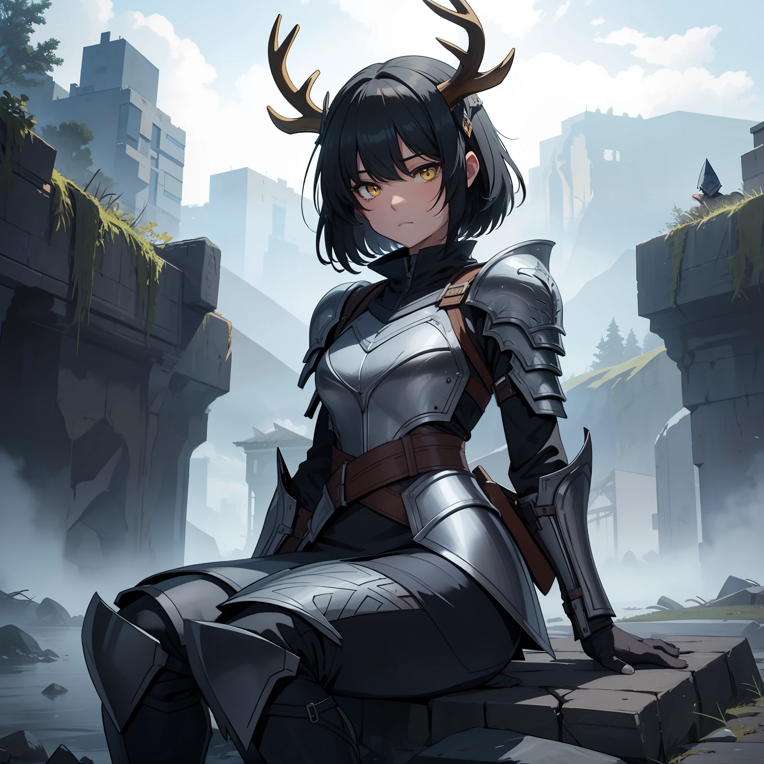 a 1girl, 独奏, Knight's armor, half-mask skull with deer antlers, Tired look, yellow eyes, bags under eyes, sitting on a stone, Broken armor, Short Hair Hair, Long bangs, Black hair, dark-skin, gloves, winter, grey sky, clouds, Falling snow, grey sky, Dim white sun, Knight's helmet on the ground.