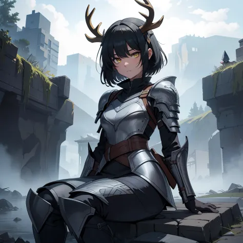 a 1girl, 独奏, Knight's armor, half-mask skull with deer antlers, Tired look, yellow eyes, bags under eyes, sitting on a stone, Br...