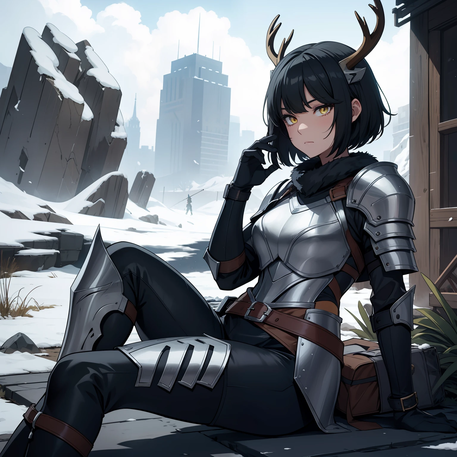 a 1girl, 独奏, Knight's armor, half-mask skull with deer antlers, Tired look, yellow eyes, bags under eyes, sitting on a stone, Broken armor, Short Hair Hair, Long bangs, Black hair, dark-skin, gloves, winter, grey sky, clouds, Falling snow, grey sky, Dim white sun, Knight's helmet on the ground.