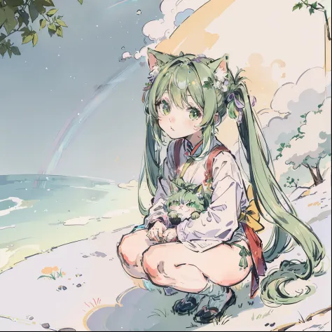 (Best quality1.2、masutepiece)、A stunning、Take a cute cat、kawaii、Green hair(rainbow-colored hair)、(Twin-tailed)