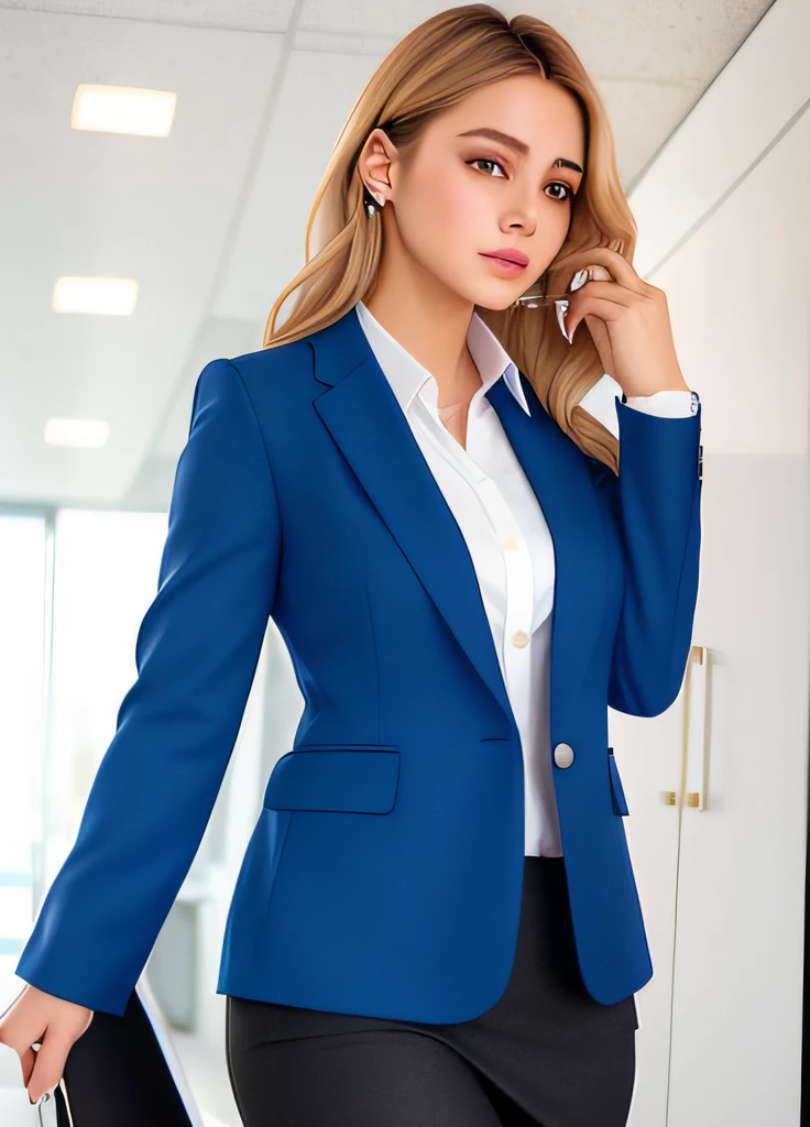 Плакат с изображением женщины, элегантный, молодой, con ropa элегантный, куртка, Голубоглазая блондинка гуляет по своему рабочему кабинету