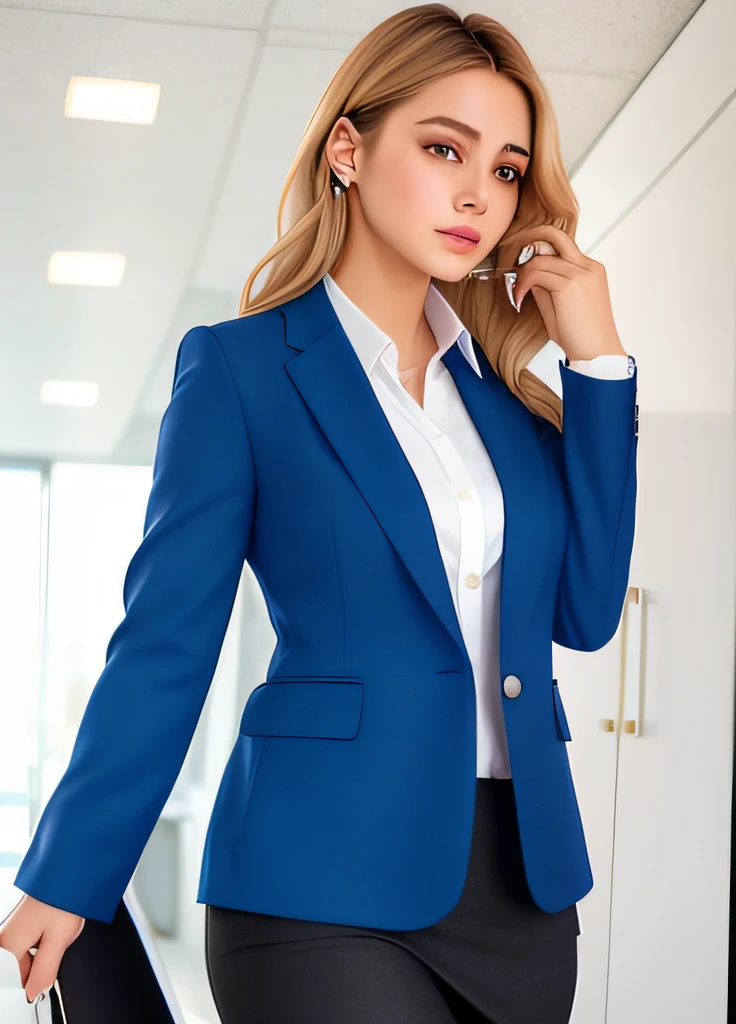 Affiche d&#39;une femme, élégant, Jeune, con ropa élégant, blouson, Blonde aux yeux bleus marchant dans ses bureaux de travail