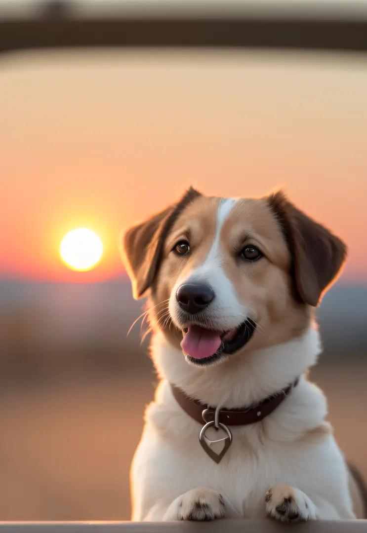 close-up photo of a happy dog's face, sunset, 80mm, f/1.8, dof, bokeh, depth of field, subsurface scattering, stippling