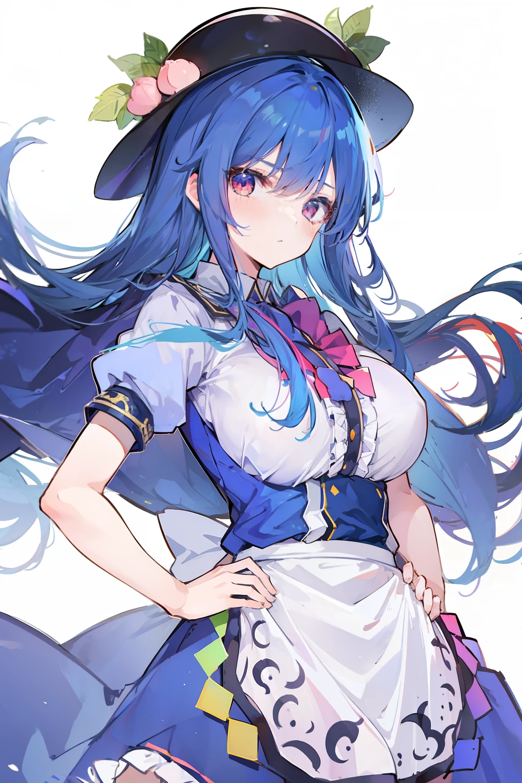 (masterpiece),best quality, expressive eyes, perfect face, 1girl,
big breast, H-cup, good breast, hands on waist,beautiful, gorgeous,anime,girl,lora,hinanawi tenshi, blue hair, blue haired,tent boobs, tent chest, tent breast, floating clothes,waist grab, grabbing waist, mains sur les hanches , hands on hips