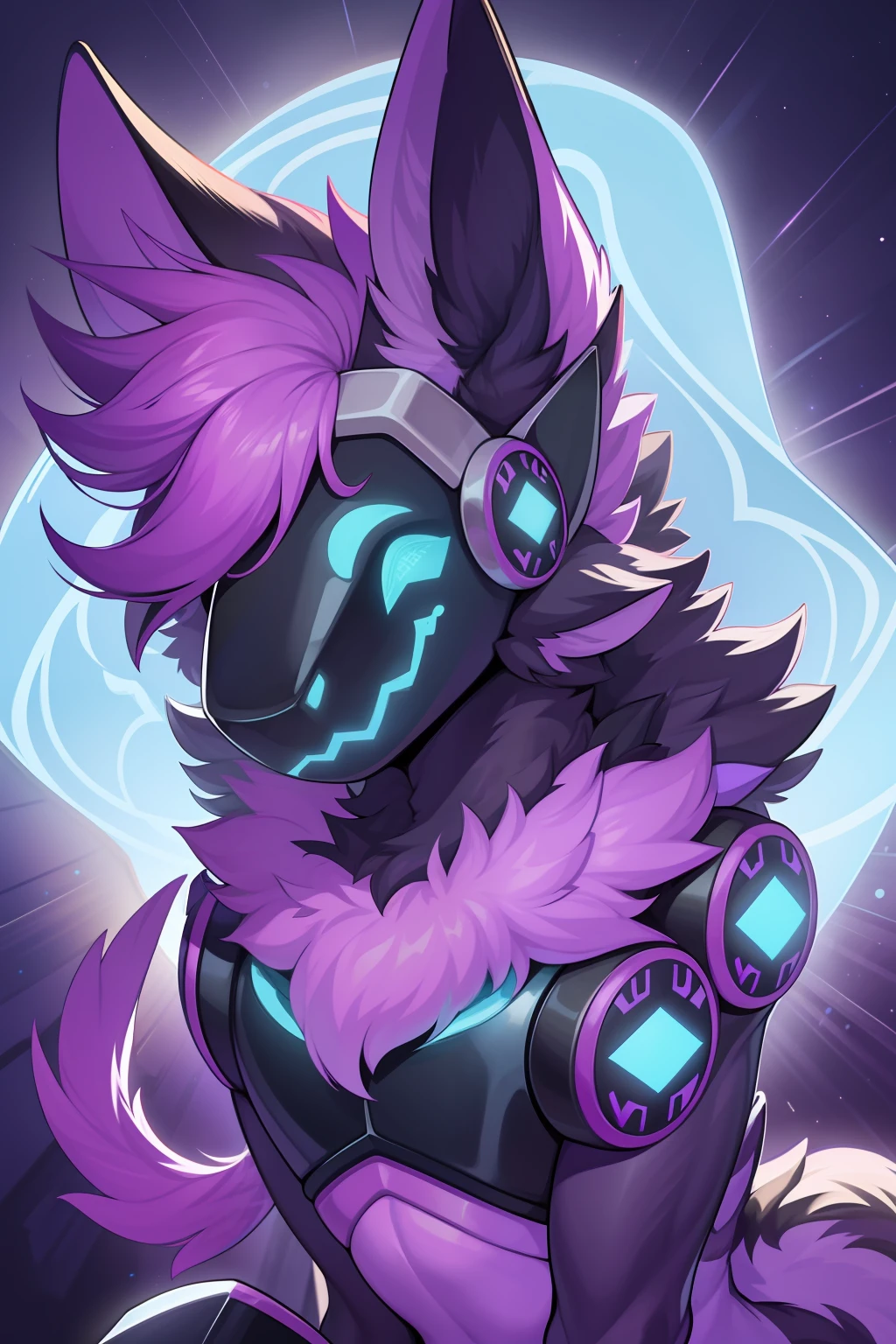 purple male protogen digital design with purple details purple leds turned to orange with a cute appearance mouth with the first pointiest tooth in the upper right part written as signature written:N3XUS