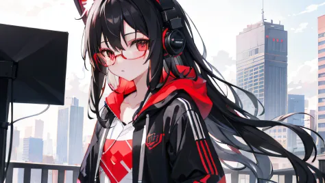 1 girl, long hair, black hair, high res, ultrasharp, 8K, masterpiece, looking at viewer, headphones, glasses, red and black theme, small chest, casual wear, in city, black cat