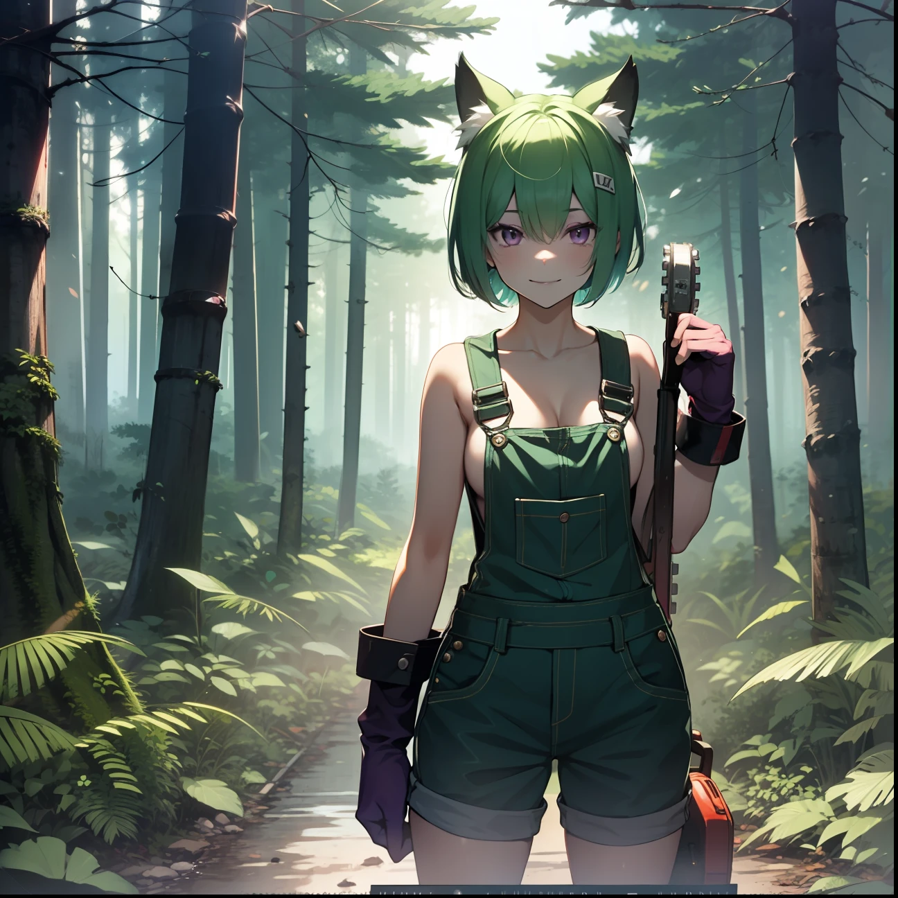 girl, 17 years old, ligh green hair, short haircut, purple eyes, short  overalls, black boots, in dark forest, holding chainsaw, looking at viewer, sinister sensual smiling, semen coming out of clothes