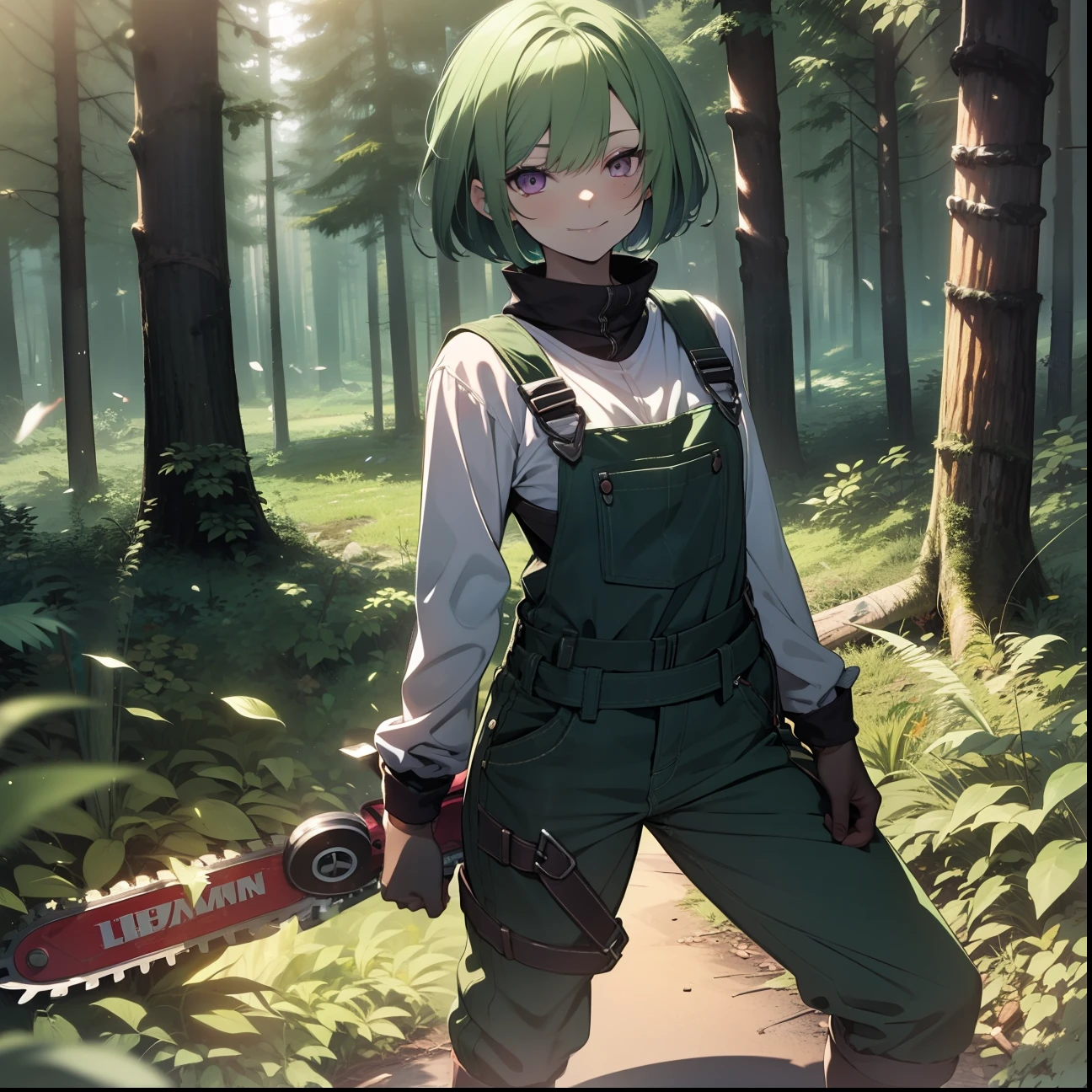 girl, 17 years old, ligh green hair, short haircut, purple eyes, short  overalls, black boots, in dark forest, holding chainsaw, looking at viewer, sinister sensual smiling, semen coming out of clothes