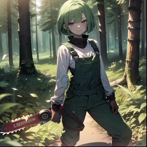 girl, 17 years old, ligh green hair, short haircut, purple eyes, short  overalls, black boots, in dark forest, holding chainsaw,...