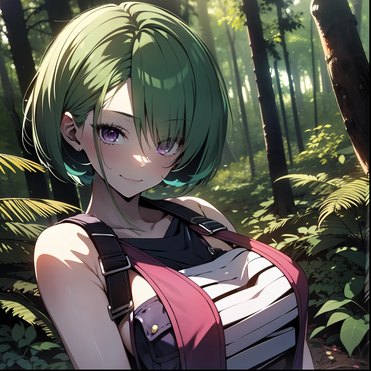 girl, 17 years old, ligh green hair, short haircut, purple eyes, short overalls, sexy outfit, sensual, in dark forest, holding chainsaw, looking at viewer, sinister sensual smiling, semen coming out of clothes