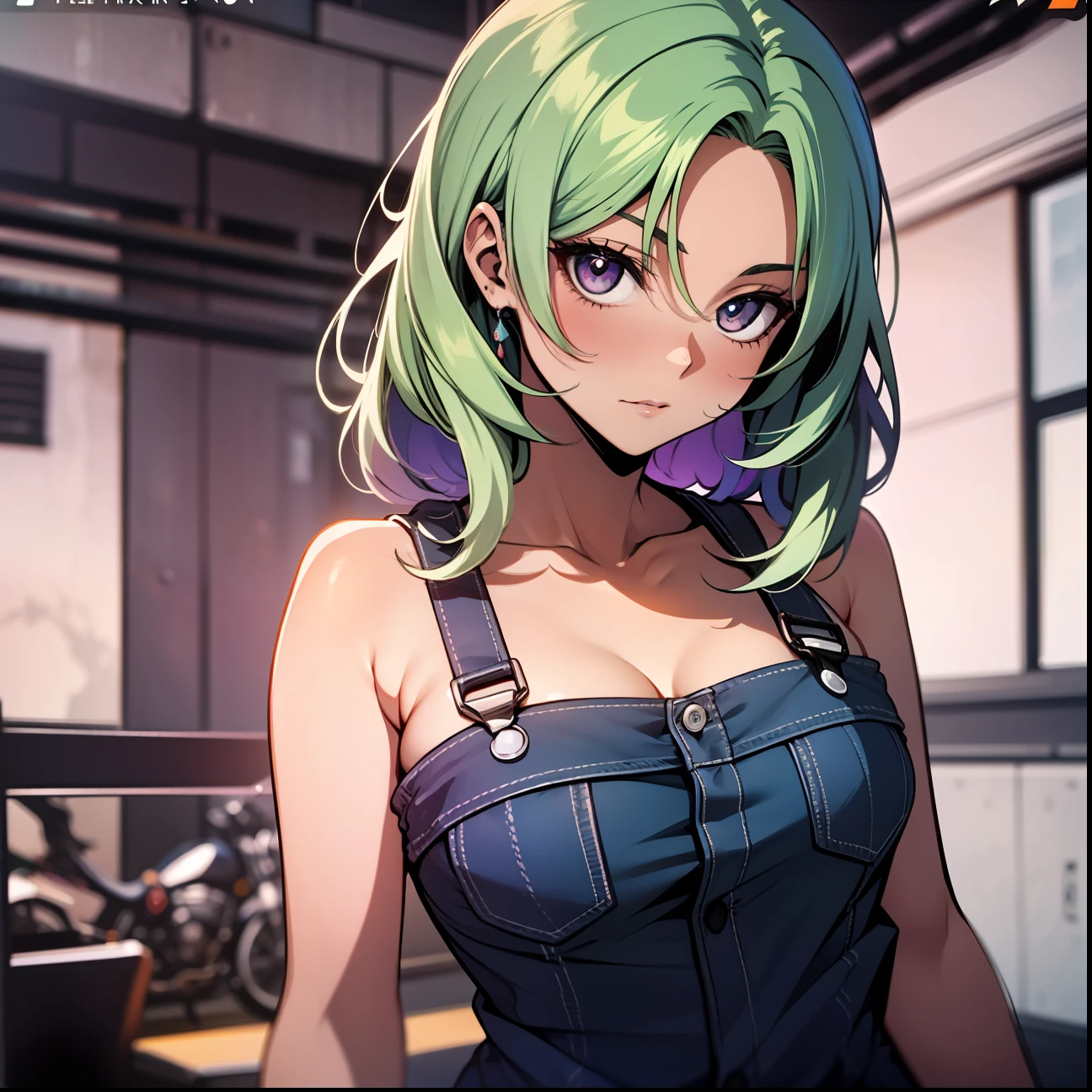 garota anime, cabelo verde, cabelo curto, olhos purpura, lenhadora sexy, denim jumpsuit, sexy, sensual, sem camisa, sem roupas, em uma floresta a noite, yandere eyes, segurando uma motosserra, 4k