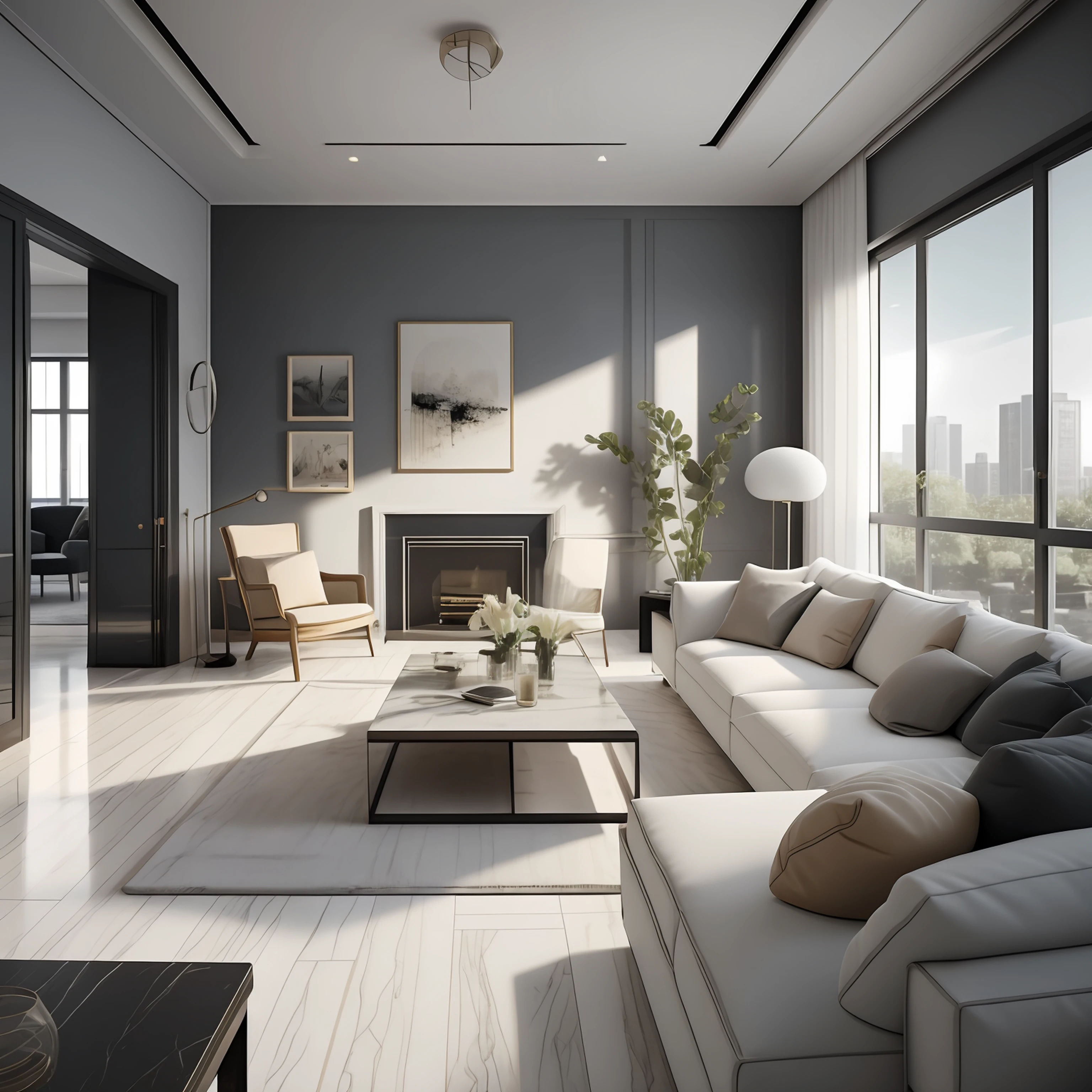 Imagine a modern living room with floor-to-ceiling windows, Stylish furniture, et un design minimaliste. Write a scene that takes place in this living room, Capturing the atmosphere, Interaction entre les personnages, and all the interesting details that make the space modern and welcoming.