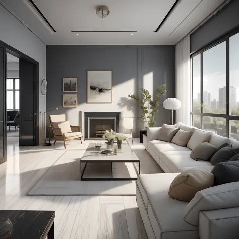 Imagine a modern living room with floor-to-ceiling windows, Stylish furniture, et un design minimaliste. Write a scene that take...