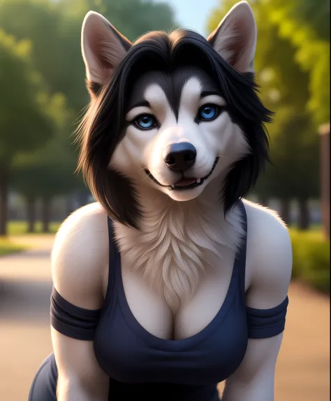 (realistic, photorealistic RAW Photo:1.4), full body image, detailed public park setting, warm lighting, (solo:1.3)
BREAK, facing the viewer, 20 years old, anthro dog husky female with black and white fur, muscular, lean build, long fluffy dog tail, bright...
