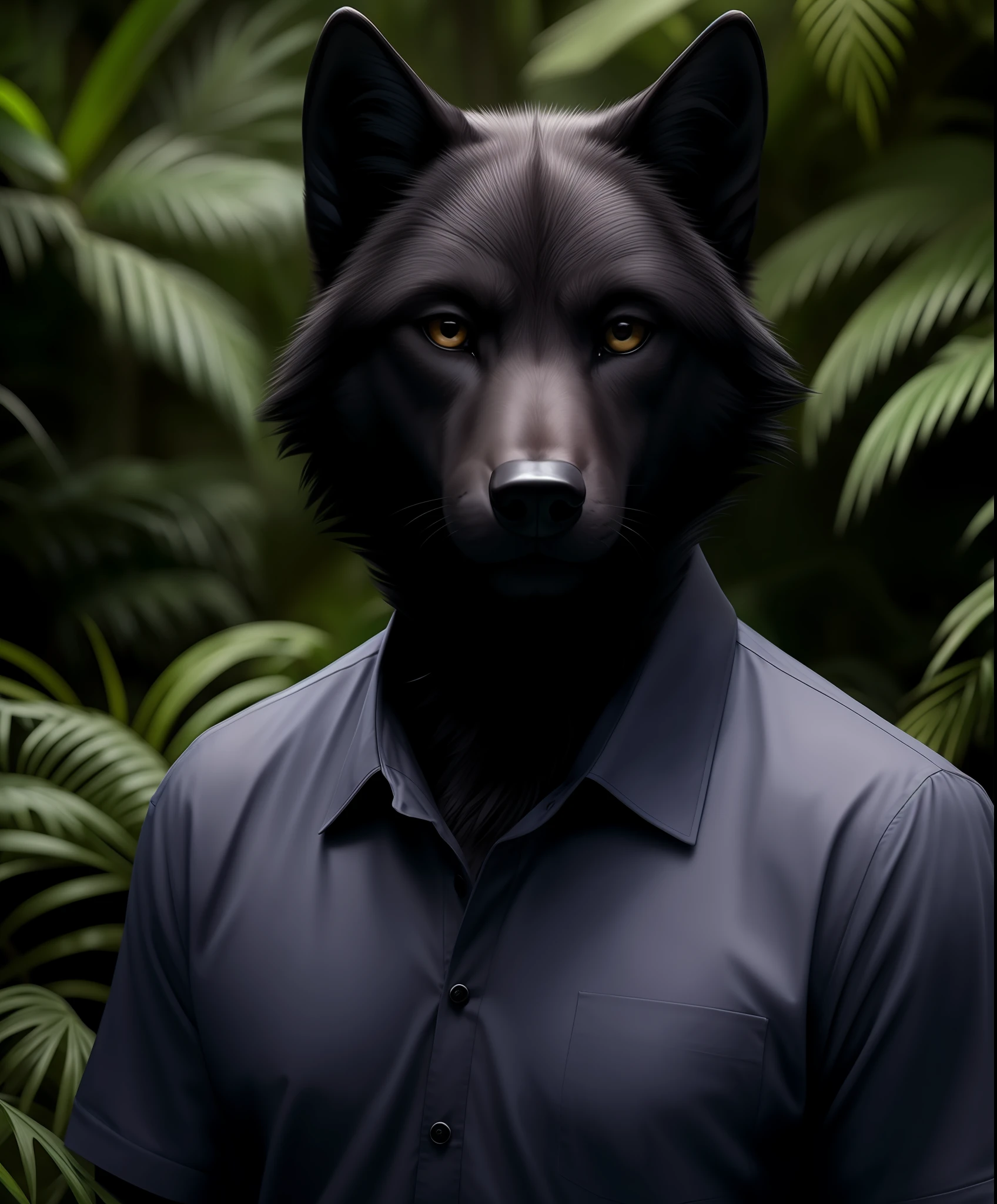 (realistic, professional photo:1.2), best quality, anthropomorphic wolf, (furry body:1.2), detailed dark fur, (detailed skin:1.2), , detailed eyes, beautiful black hair, dense jungle, shirt