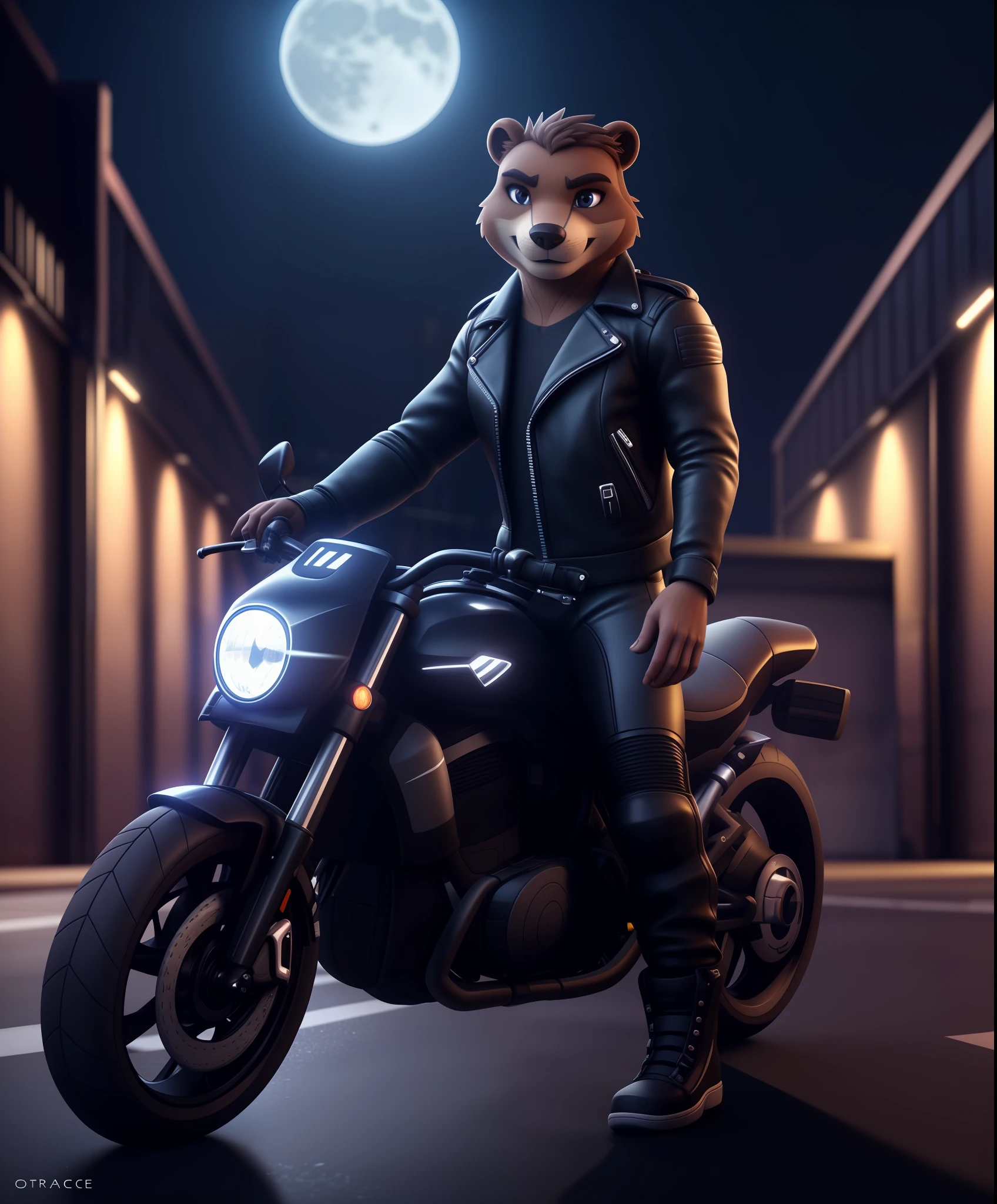 (octane render, best quality:1.2), ultra detailed, HDR, RAW, F/1.8, detailed fur, portrait of a beautiful anthropomorphic beaver, pretty face, detailed eyes, biker outfit, standing outside a warehouse, night, moonlight, Raytrace,