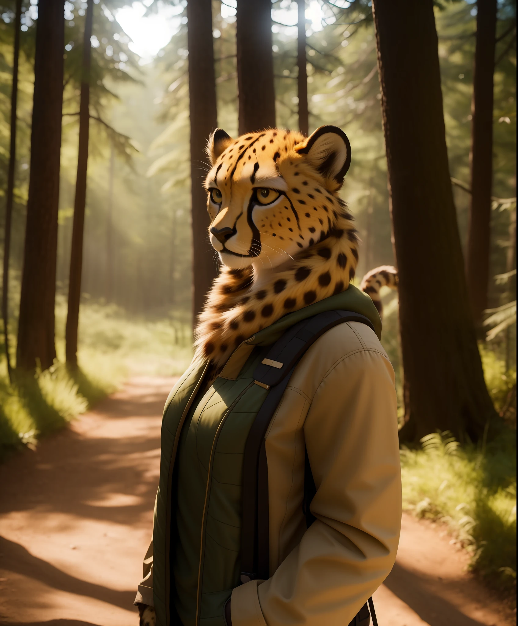 RAW photo, a portrait photo of (anthro cheetah woman), traveler clothes, standing in the forest, natural fur, 8k uhd, high quality, film grain, Fujifilm XT3