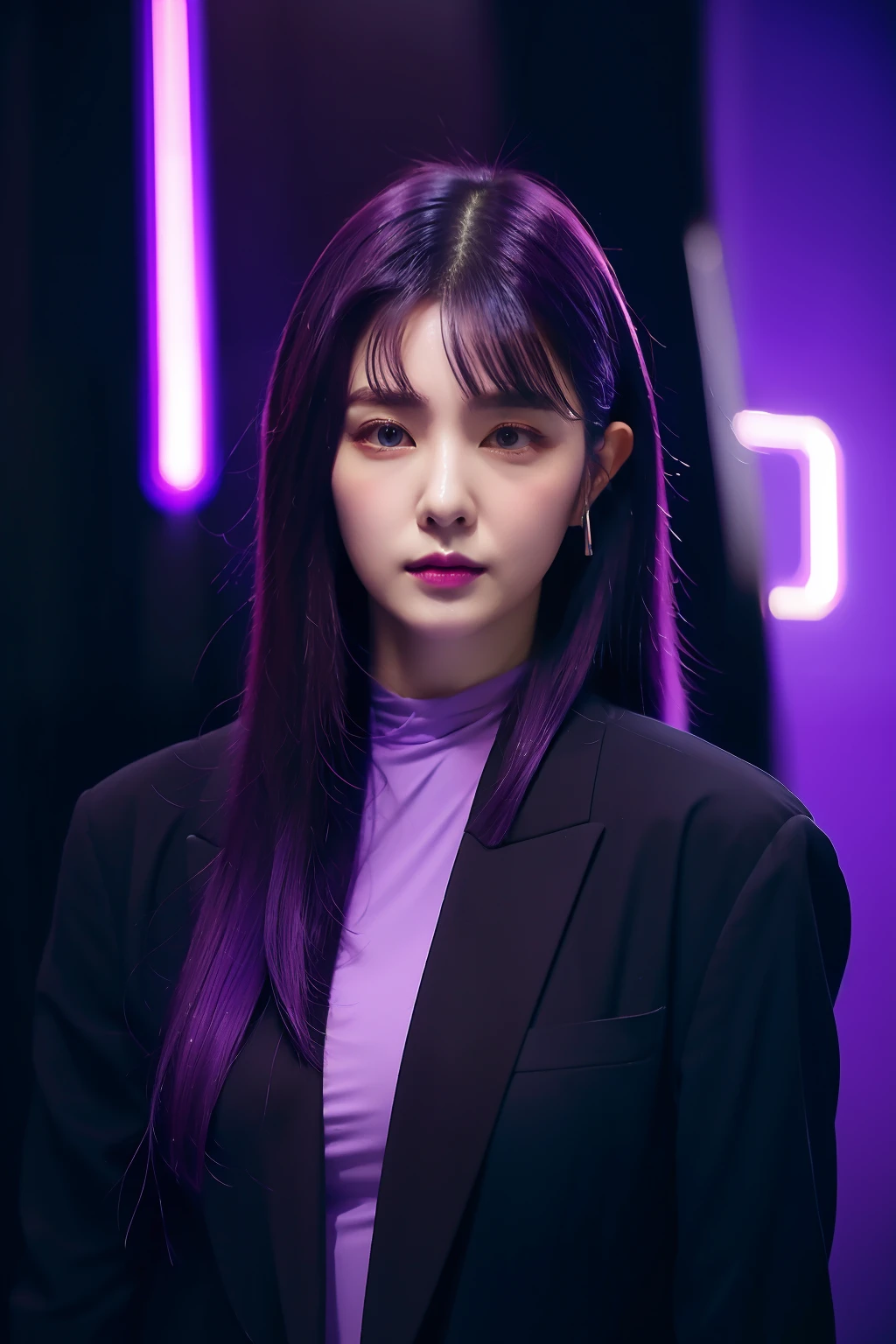 full body picture Unreal Engine 5 8K UHD of beautiful woman, byzantine violet Bob hair style, wearing Evangelion black plug suit, half face cyberpunk mask, futuristic neck collar, electric violet neon light details, Cyberpunk City, patrolling the city, Best Quality, masutepiece