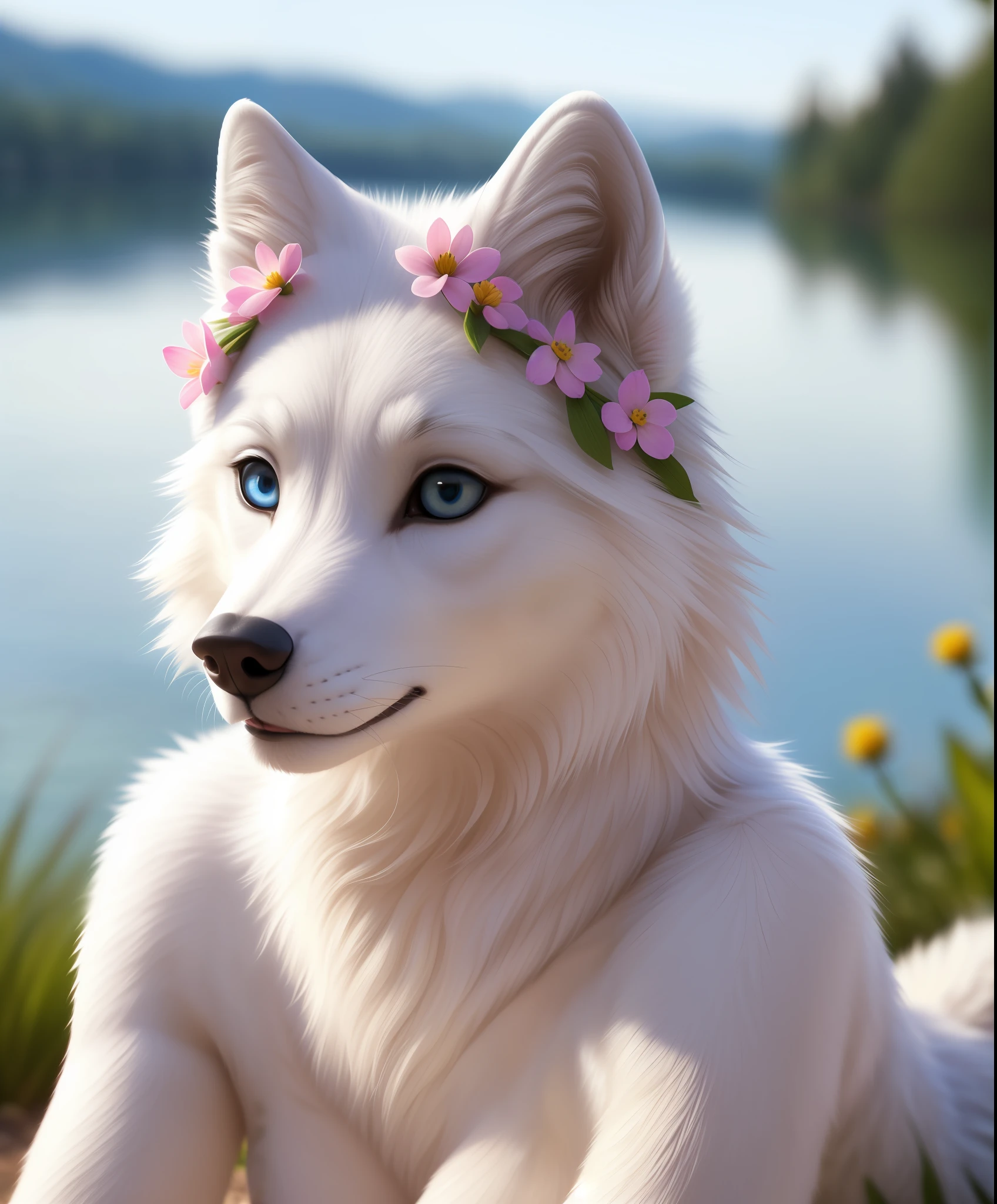 (Highest Quality, 4k, masterpiece, Amazing Details:1.1), laying near a lake,medium breast. deep blue eyes,, (full body:1.3) Shallow Depth of Field, E671, lens 50mm f/2.0, (( anthro white wolf female)), thin eyebrows, wavy short hair with flower hair ornament, (realistic white fur, detailed fur texture:1.2), ((photorealistic) (RAW Photo))