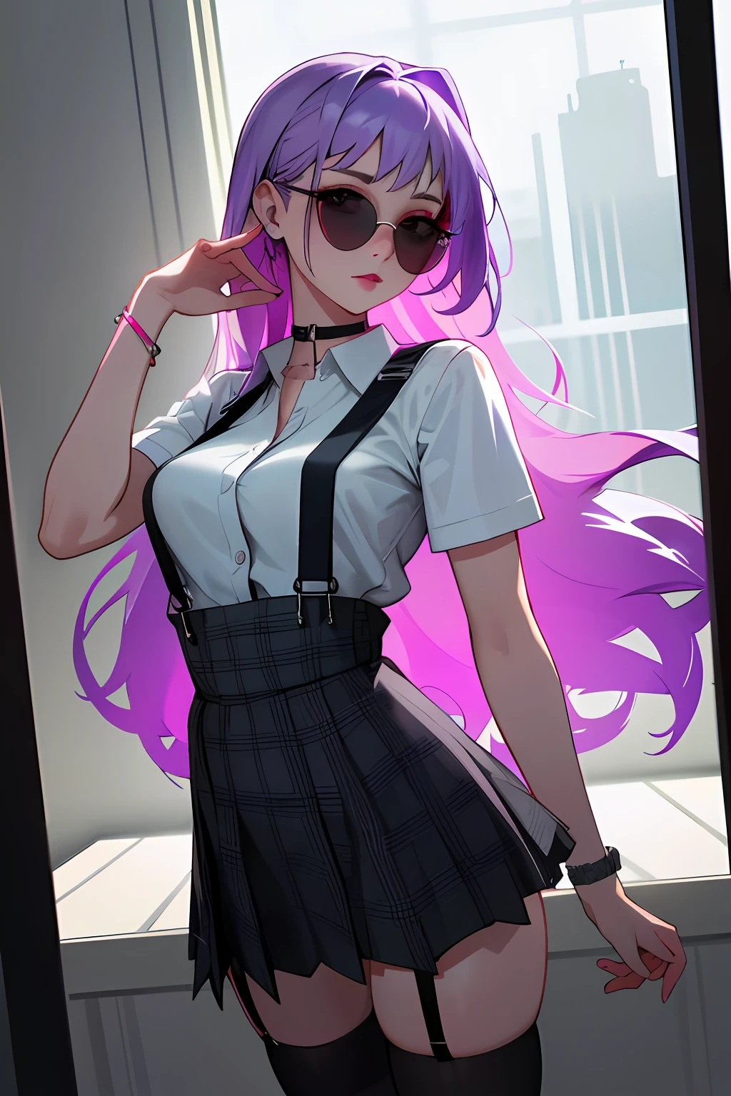 4K, Masterpiece, highres, absurdres,natural volumetric lighting and best shadows, deep depth of field, sharp focus, soft delicate beautiful attractive face,vandread,blonde Nadia with sunglasses and a choker,looking at viewer , vandread drawing style, 1girl, solo, long hair, looking at viewer, skirt, shirt, thighhighs, jewelry, standing, white shirt, purple hair, earrings, black thighhighs, indoors, bracelet, plaid, makeup, plaid skirt, suspenders, reflection, mirror, realistic, suspender skirt, wearing Urban_Gal