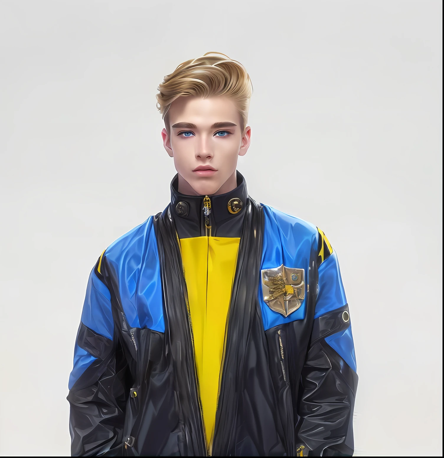 Personagem masculino, Young blonde with blonde hair at the age of 18 in a black and blue jacket with a yellow patch and a golden coat of arms,  cyber future jacket, usando gola alta e jaqueta futurista, hiper realista