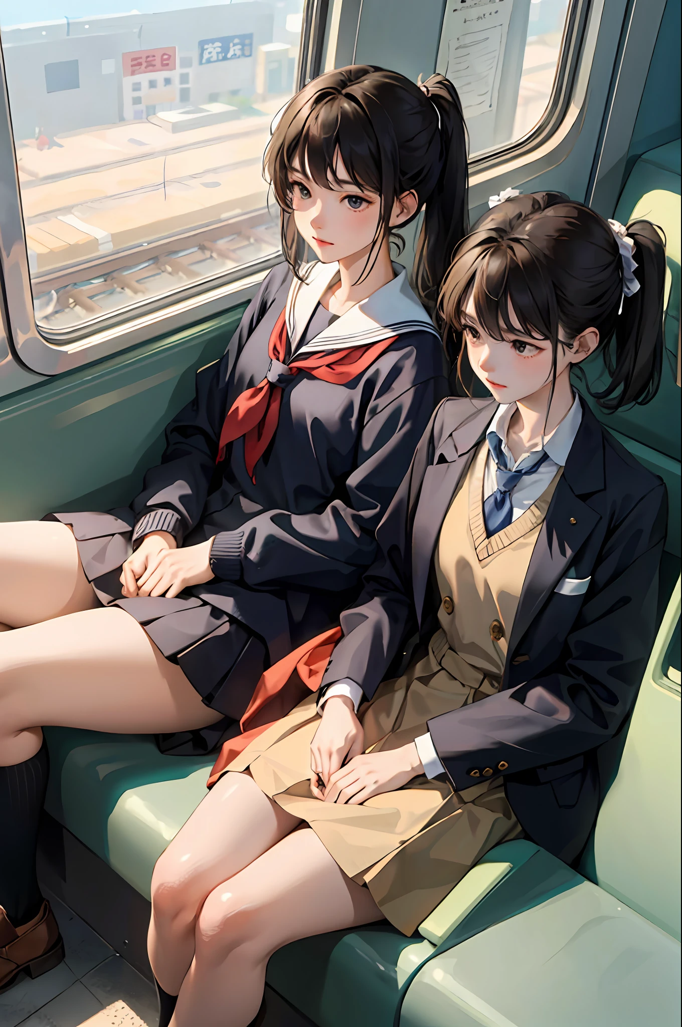 (​masterpiece:1.2、top-quality)、(Authentic images、intricate-detail)、solo、Female 1 Person、schools、student clothes、Sitting in a seat on a train、Commuting to school